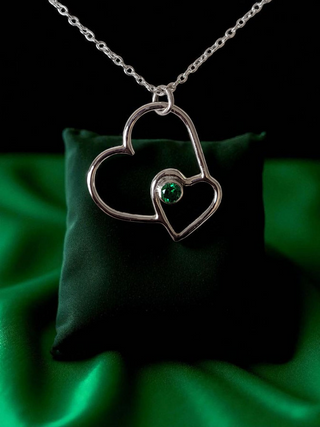 Sterling Silver Double Heart Offset Necklace Zirconia