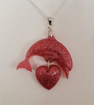 Red Glitter Resin Dolphin Heart Necklace