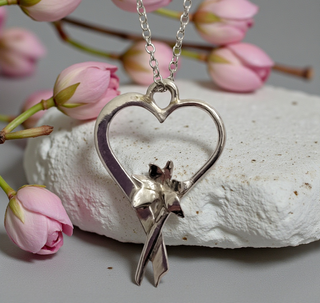 Sterling Silver Heart Necklace Flower Detail