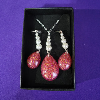 Pink Red Glitter Resin Necklace Earrings Set