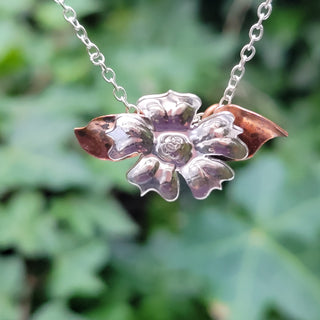 Silver Flower Copper Leaves Necklace