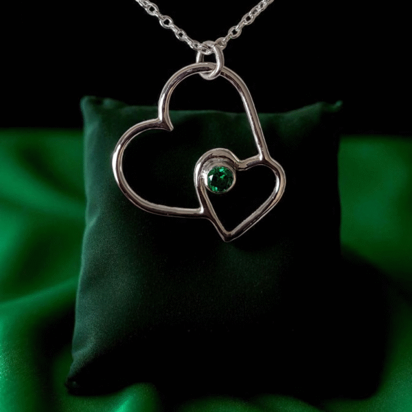 Sterling silver double heart offset necklace with zirconia stone